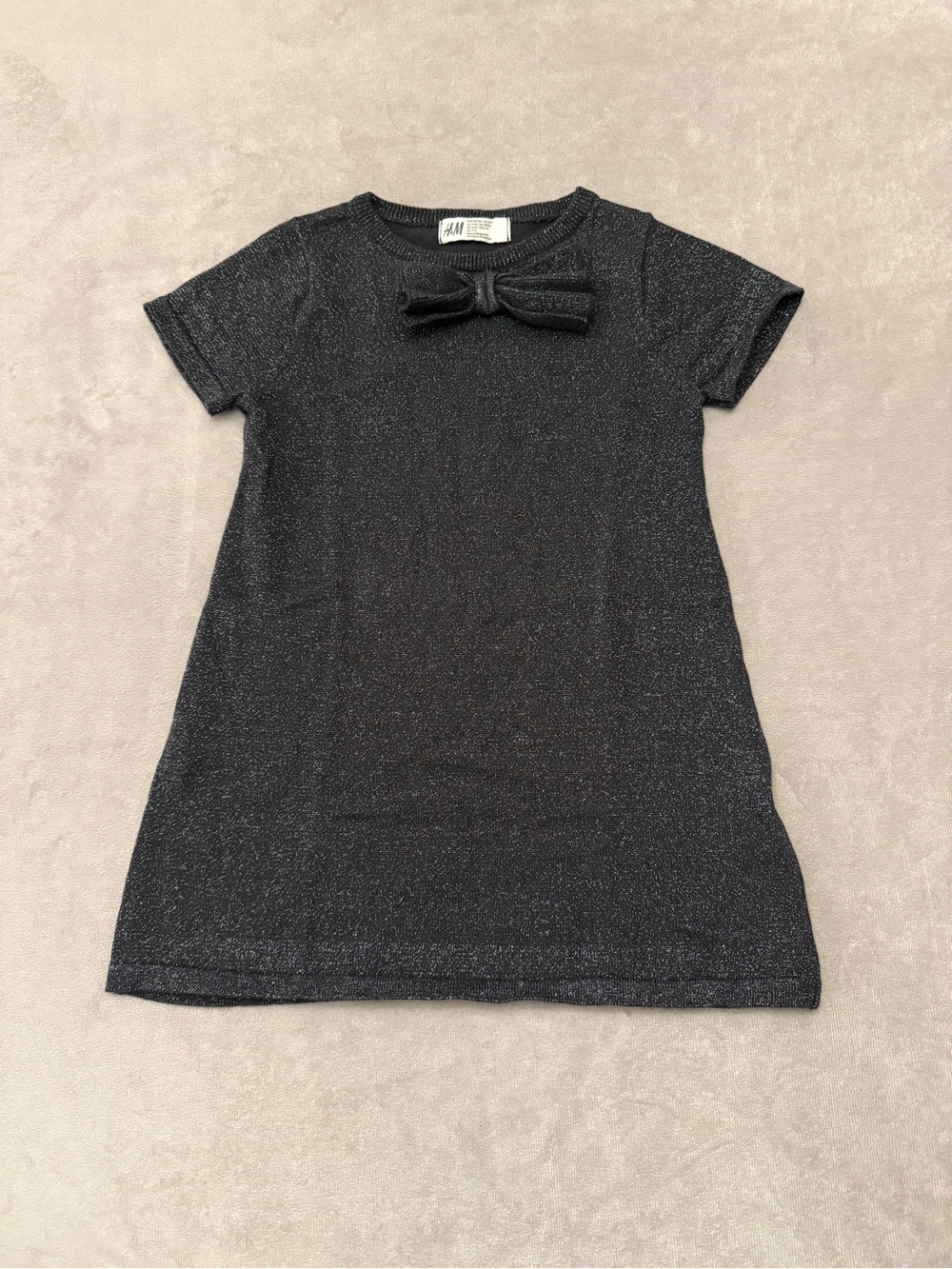 H&M Girls Black Sparkle Bow Dress Size 3-4Y Glitter Short Sleeve Party Dress GUC